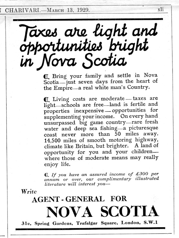 Nova Scotia Agent General advertisement in Punch March 13th 1929 page xii small